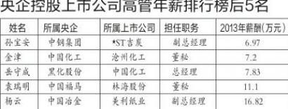 央企控股上市公司高管年薪后5名。